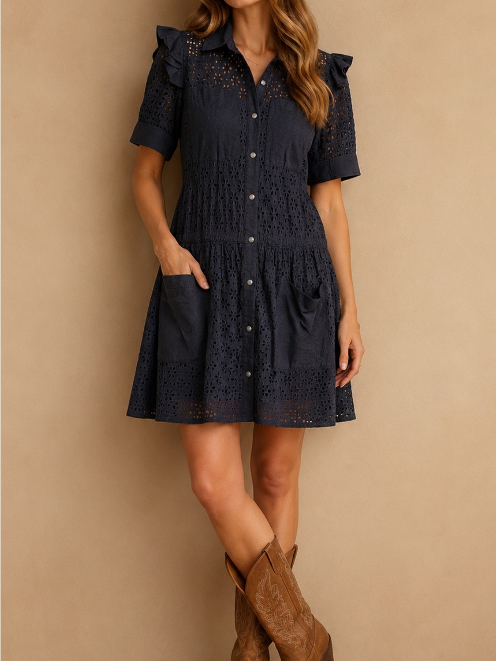 Double D Ranch Abby Eyelet Mini Dress Ruffle Western Boho Chic Navy Womens M